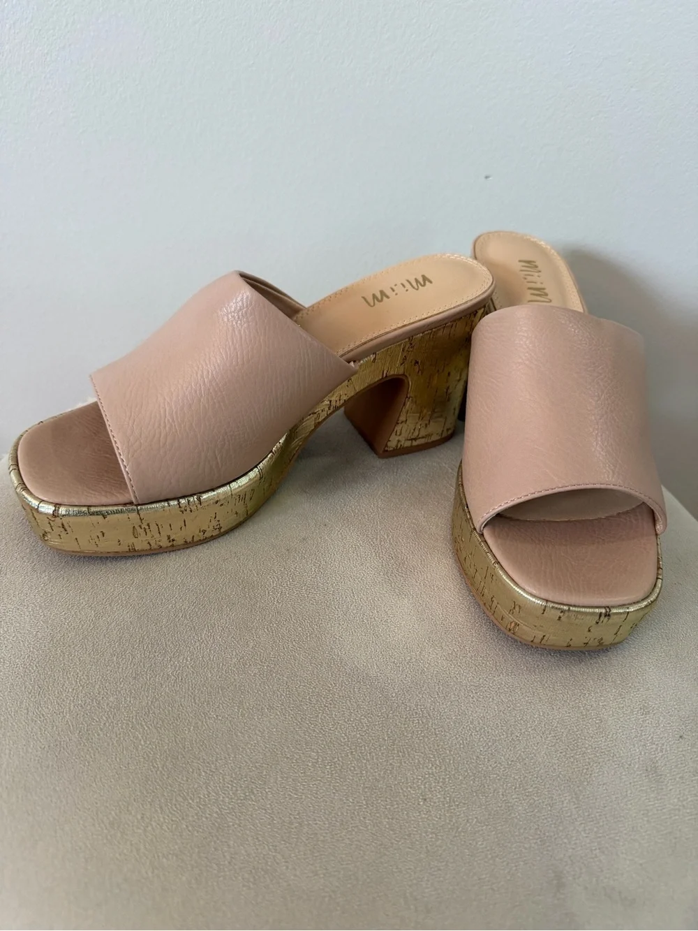Mi.iM Los Angeles Nude Gold Cork Platform Slide Heels Summer Clog Resort Sandal